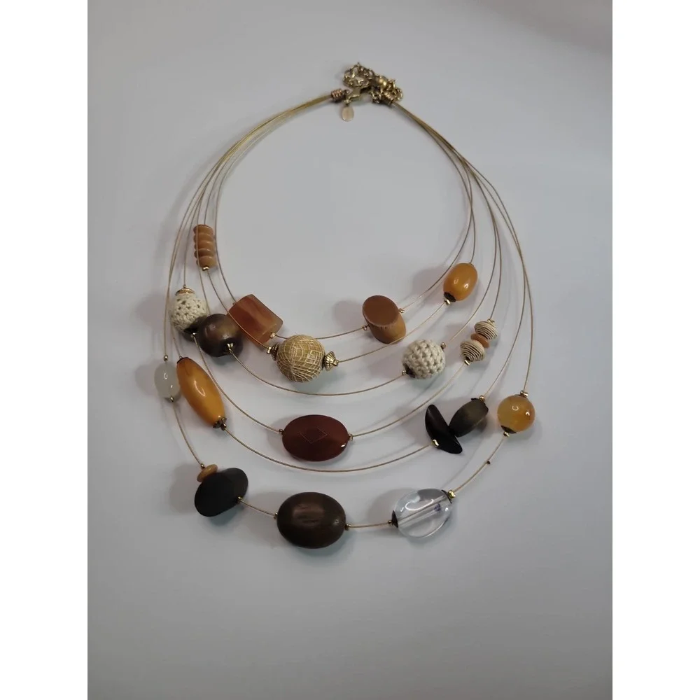 Chico's Multi Strand Beaded Necklace Brown Tan Orange Statement Boho Jewelry
